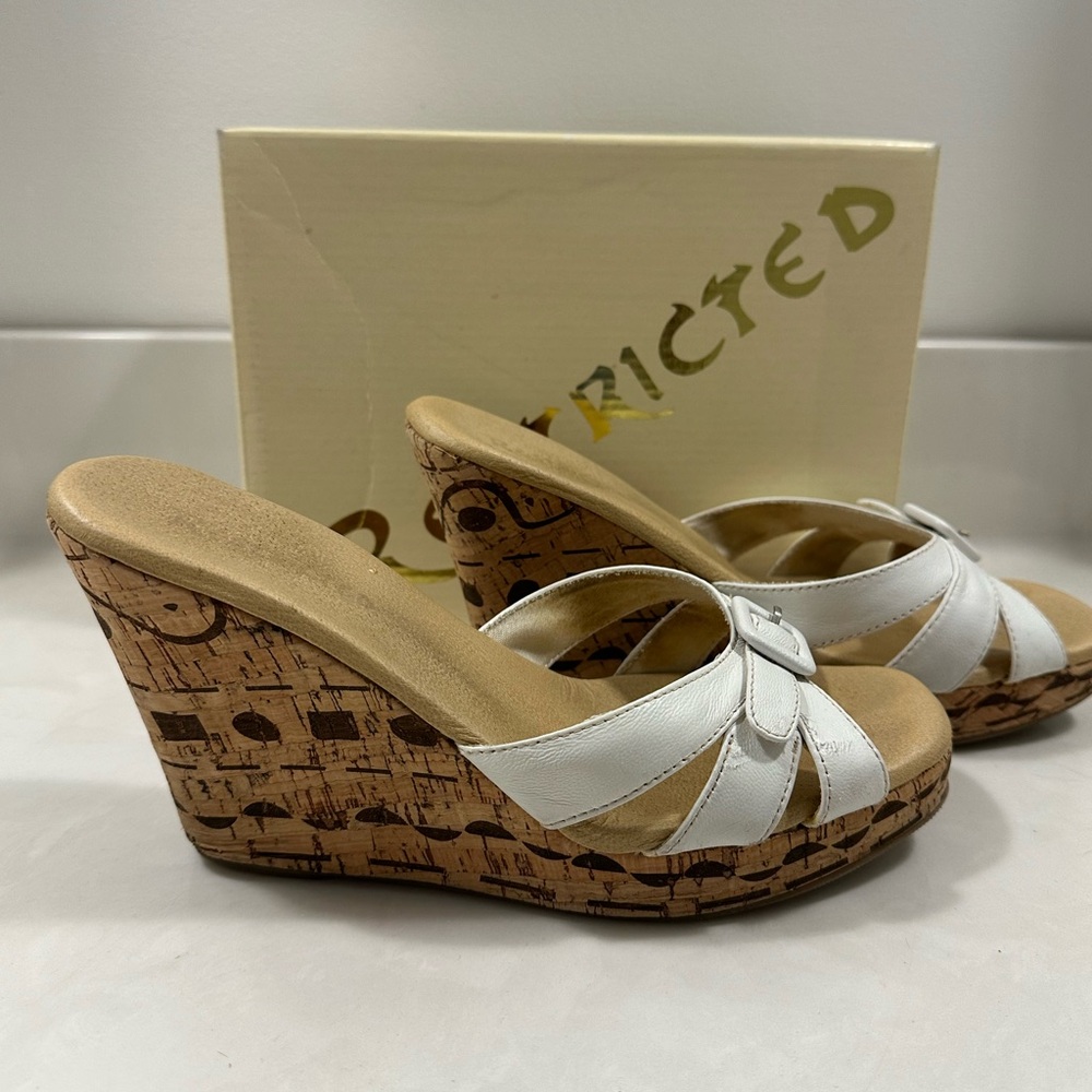 Restricted cork wedge white with brown design on wedge platform sandals